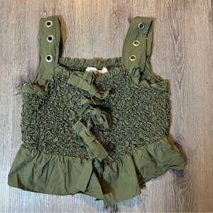 Mare Mare x Anthropologie Military Green Smocked Bow Tank Top Size Large Boho